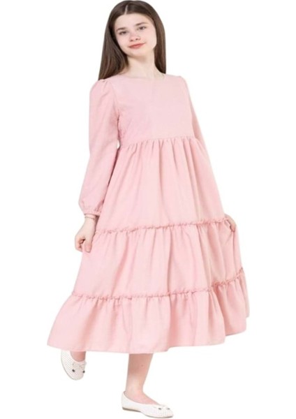 Kids G01641-428 Kız Çocuk Kesme Keten Desenli Elbise - Gülücük - Pembe - ST01641-PEMBE-13 Yaş