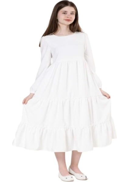 Kids G01641-428 Kız Çocuk Kesme Keten Desenli Elbise - Gülücük - Beyaz - ST01641-BEYAZ-12 Yaş