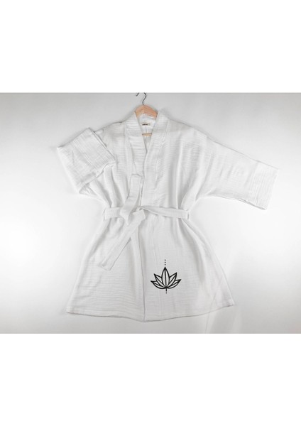 Lotus ve Unalome Görselli Beyaz Müslin Uzun Kollu Kimono