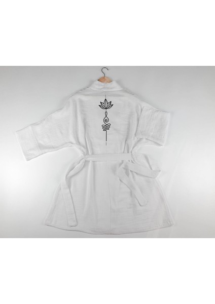 Lotus ve Unalome Görselli Beyaz Müslin Uzun Kollu Kimono