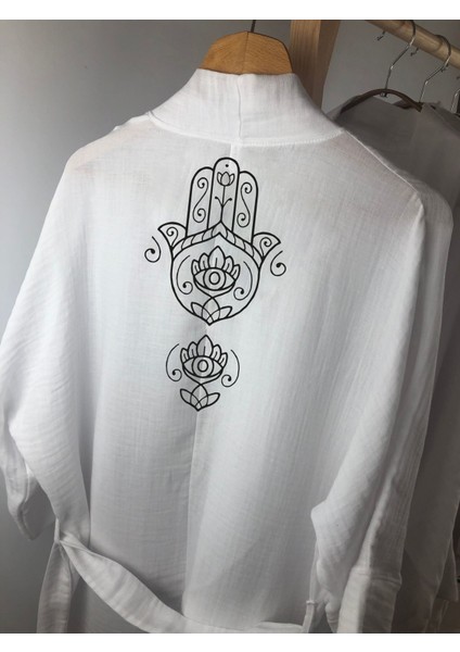 Fatma'nın Eli Görselli Beyaz Müslin Kimono