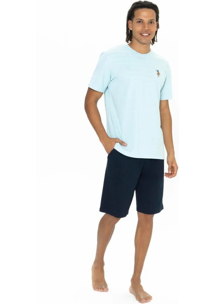 Erkek Yuvarlak Yaka Düz Pijama Şort Takım