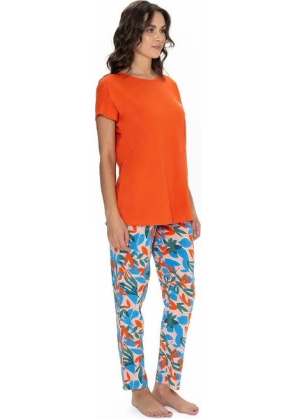 Kadın Kısa Kollu Çiçek Desenli Renkli Alt Üst Pijama Takım