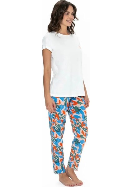 Kadın Kısa Kollu Çiçek Desenli Renkli Alt Üst Pijama Takım