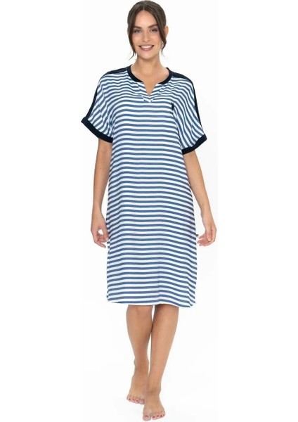 Kadın Çizgili Kısa Kollu Lacivert Gecelik