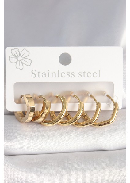 316L Çelik Gold Renk Geometrik Halka Model Kadın Küpe Seti - TJ-BKP10391