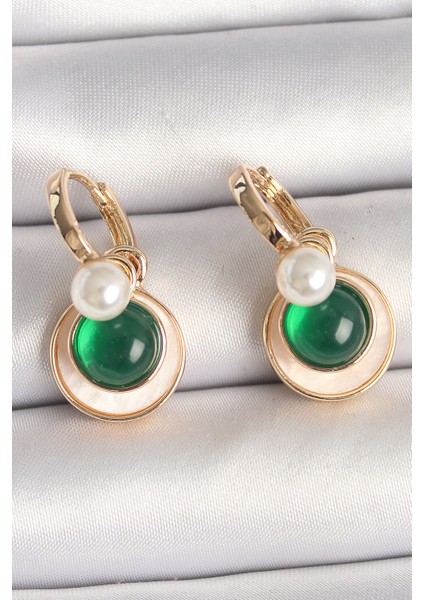 Pirinç Gold Renk Beyaz Yeşil Sallantı Mineli Kadın Küpe - TJ-BKP10363