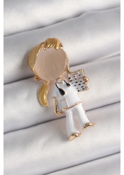 Pirinç Gold Renk Beyaz Mineli Doktor Model Kadın Broş - TJ-BR406