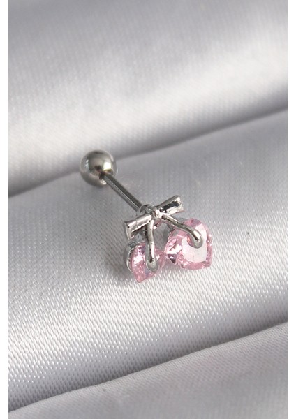 316L Çelik Gümüş Renk Pembe Zirkon Taşlı Kalp Tragus Piercing - TJ-PR1235