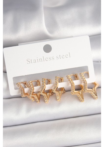 Pirinç Gold Renk Zirkon Taşlı 3 Çift Yıldız Model Kadın Küpe - TJ-BKP10332