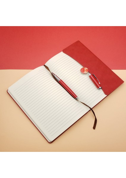 Çizgili Defter ve Metal Kalem Seti Kırmızı