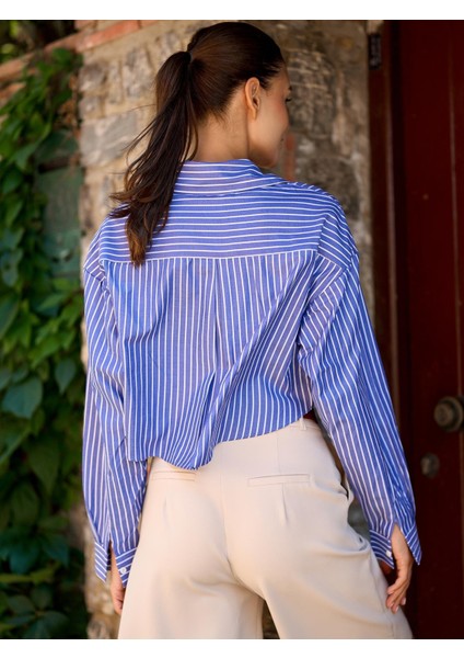 Çizgi Desen Poplin Crop Gömlek Mavi