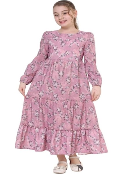 Kids G00662-423 Kız Çoçuk Empirme Çicekli Elbise - Gülücük - Pembe - ST00662-PEMBE-13 Yaş