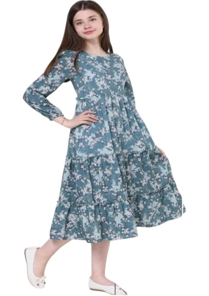 Kids G00662-423 Kız Çoçuk Empirme Çicekli Elbise - Gülücük - Yeşil - ST00662-YEŞIL-14 Yaş