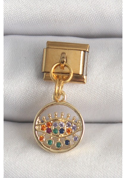 316L Çelik Gold Renk Sallantı Renkli Zirkon Taşlı Göz Model Nomination Charm - TJ-BC1346