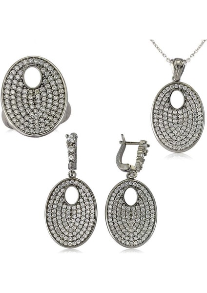 Gümüş Beyaz Taşlı Oval Bayan Set