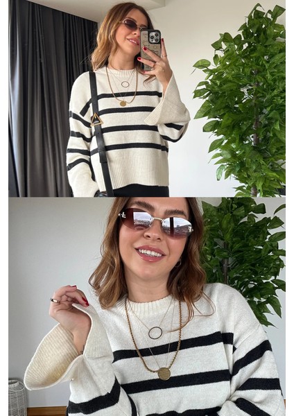 Yumuşak Dokulu Rahat ve Şık Çizgili Günlük Kadın Oversize Kadın Triko Marka Model Kadın Kazak