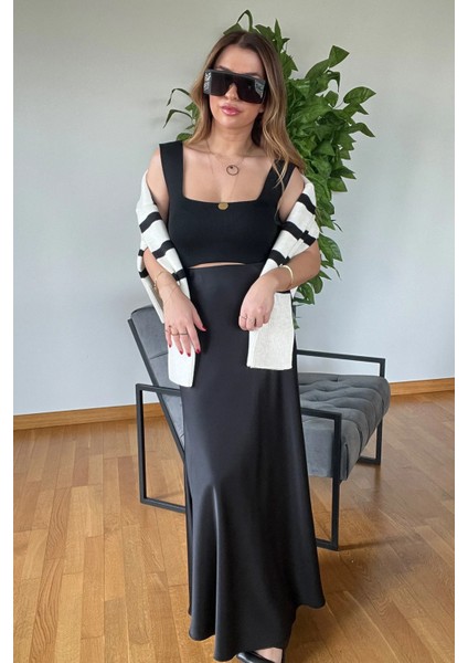 Lüks Rahat ve Şık Saten Günlük Beli Lastikli Kadın Marka Model Kadın Uzun Etek Yeni Sezon