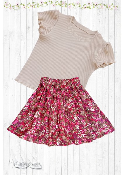 Kız Çocuk Etekli Takım, Pamuklu Çiçekli Etek, Pamuklu Fitilli Açık Kahve T-Shirt