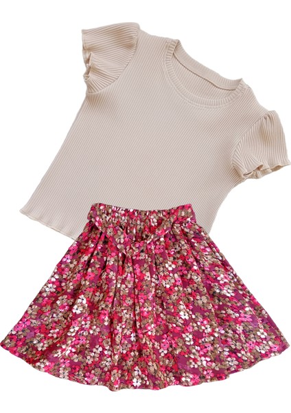 Kız Çocuk Etekli Takım, Pamuklu Çiçekli Etek, Pamuklu Fitilli Açık Kahve T-Shirt fiyatları