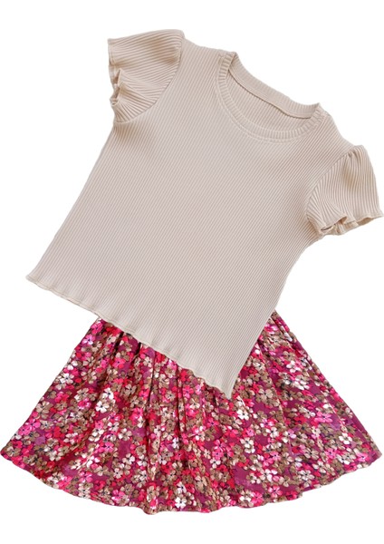 Kız Çocuk Etekli Takım, Pamuklu Çiçekli Etek, Pamuklu Fitilli Açık Kahve T-Shirt modelleri