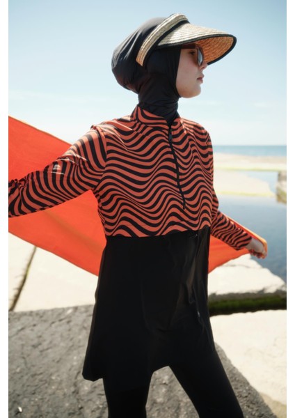 Desenli Belden Büzgülü 4'lü Tesettür Mayo 6220 Kiremit/siyah