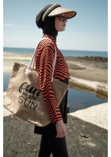 Desenli Belden Büzgülü 4'lü Tesettür Mayo 6220 Kiremit/siyah fiyatları