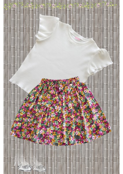 Kız Çocuk Etekli Takım, Etek T-Shirt Takım, Pamuklu Çiçekli Etek Fitilli Ekru T-Shirt