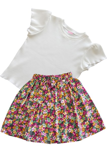 Kız Çocuk Etekli Takım, Etek T-Shirt Takım, Pamuklu Çiçekli Etek Fitilli Ekru T-Shirt fiyatları