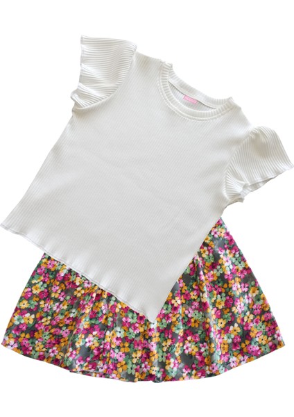 Kız Çocuk Etekli Takım, Etek T-Shirt Takım, Pamuklu Çiçekli Etek Fitilli Ekru T-Shirt modelleri