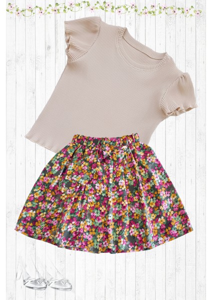 Kız Çocuk Etekli Takım, Pamuklu Çiçekli Etek, Pamuklu Fitilli Açık Kahve T-Shirt