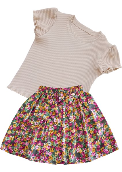 Kız Çocuk Etekli Takım, Pamuklu Çiçekli Etek, Pamuklu Fitilli Açık Kahve T-Shirt fiyatları