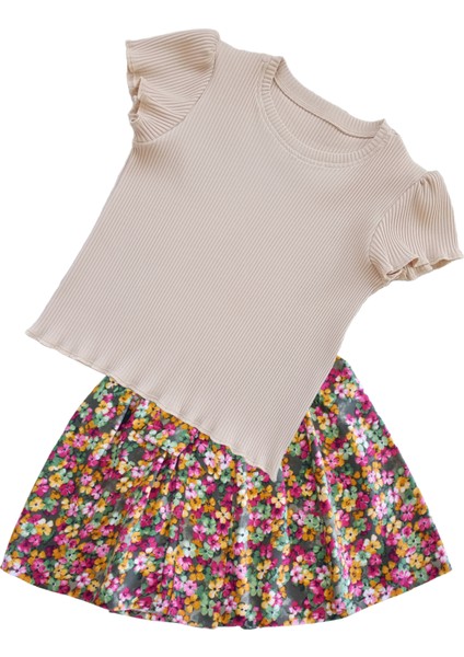 Kız Çocuk Etekli Takım, Pamuklu Çiçekli Etek, Pamuklu Fitilli Açık Kahve T-Shirt modelleri