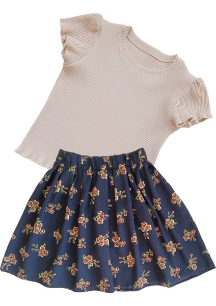 Kız Çocuk Etekli Takım, Pamuklu Çiçekli Etek, Pamuklu Fitilli Ekru T-Shirt fiyatları