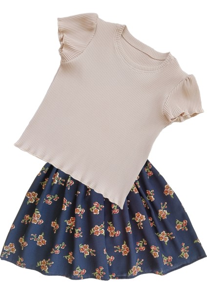 Kız Çocuk Etekli Takım, Pamuklu Çiçekli Etek, Pamuklu Fitilli Ekru T-Shirt modelleri