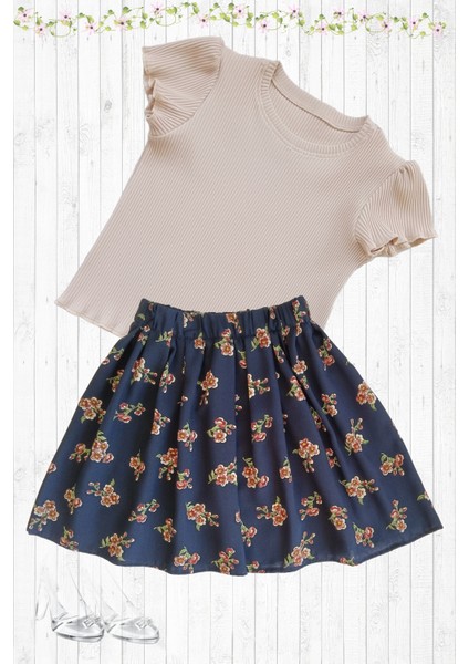 Kız Çocuk Etekli Takım, Pamuklu Çiçekli Etek, Pamuklu Fitilli Açık Kahve T-Shirt