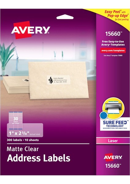 Mat Buzlu Şeffaf Etiket Lazer Yazıcı Için, 1" x 2-5/8", 300 Etiket (15660)