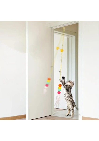 Elastik Yapışkanlı Çok Renkli Kedi Oyun Oltası Eğitim Oyuncağı