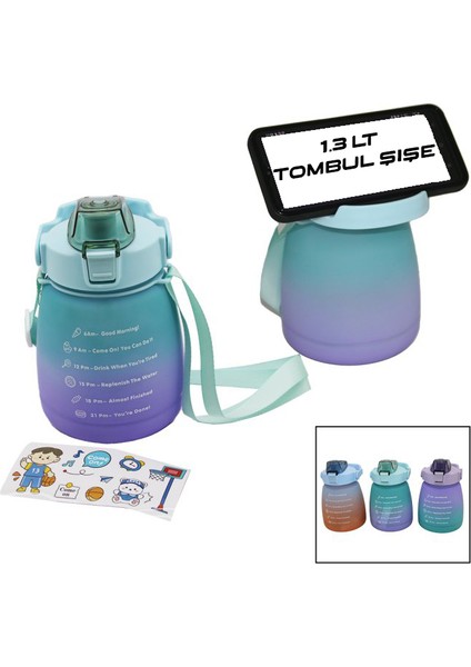 1.3lt - Tombul Pipetli Renkli Plastik Suluk Matara Kilitli Kapaklı - Telefonluklu