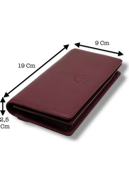Eskitme Deri Unisex Telefon Bölmeli Mıknatıslı Uzun Cüzdan ve El Portföyü - Bordo
