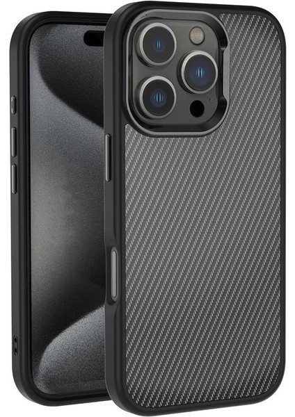 Apple Ile Uyumlu iPhone 16 Pro Kılıf Karbon Fiber Görünümlü Parlak Kamera Çerçeveli Zore Venus Kapak Siyah