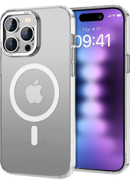 Labs Buff iPhone 15 Pro Max ile Uyumlu Taofit Manyetik Yarı Saydam Metal Çerçeve Kılıf (Beyaz)