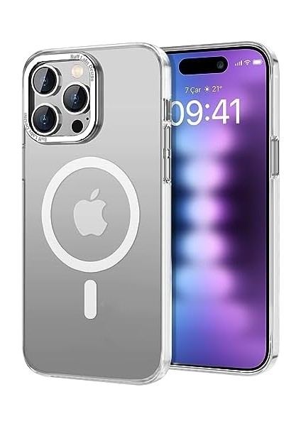 Labs Buff iPhone 15 Pro Max ile Uyumlu Taofit Manyetik Yarı Saydam Metal Çerçeve Kılıf (Beyaz) modelleri