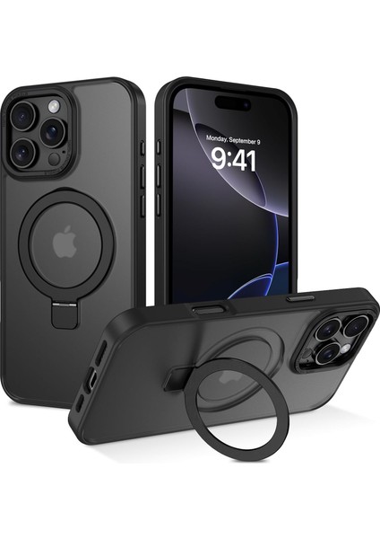 iPhone 16 Pro Max ile Uyumlu Kılıfı Manyetik Halka Standlı Magsafe ile Uyumlu, Tam Gövde Koruyucu Kılıf Ince Darbeye Dayanıklı Ayaklı Alloymetal Telefon Kılıfı - Siyah