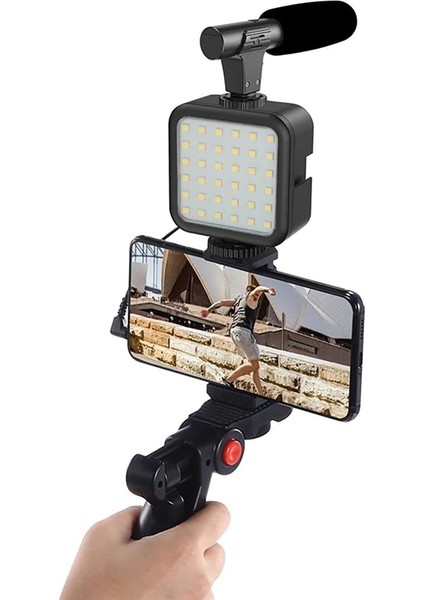 Vlogging Seti Video Kiti Tripod Mikrofon LED Işık Telefon Tutucu Kumandalı Selfie Vlog Tiktok Youtube