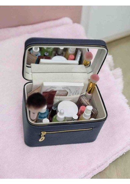 Makyaj Çantası Aynalı Deri Kaplama Kozmetik Organizer Seyahat ve Günlük Kullanım İçin