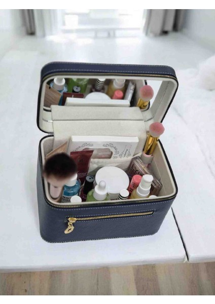 Makyaj Çantası Aynalı Deri Kaplama Kozmetik Organizer Seyahat ve Günlük Kullanım İçin