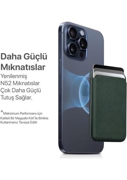 iphone Için Magsafe ile Uyumlu Cüzdan Manyetik Kartlık Yenilenmiş V2 Güçlü Mıktanıs ile Süper Yapışma ve Sağlam Tutuş (Yeşil, Dokuma)