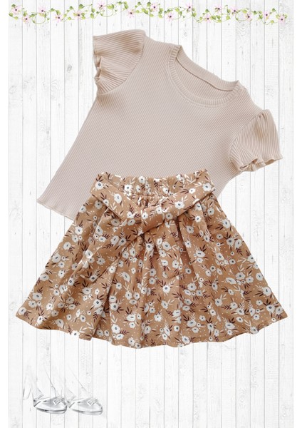 Kız Çocuk Etekli Takım, Pamuklu Çiçekli Etek, Pamuklu Fitilli Açık Kahve T-Shirt
