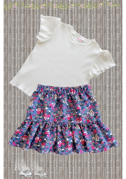 Kız Çocuk Etekli Takım, Pamuklu Çiçekli Etek, Pamuklu Fitilli Ekru T-Shirt
